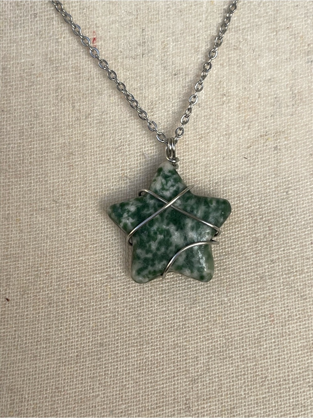 Moss Agate Star Carving Wire-Wrapped Pendant Necklace Silver Stainless Steel